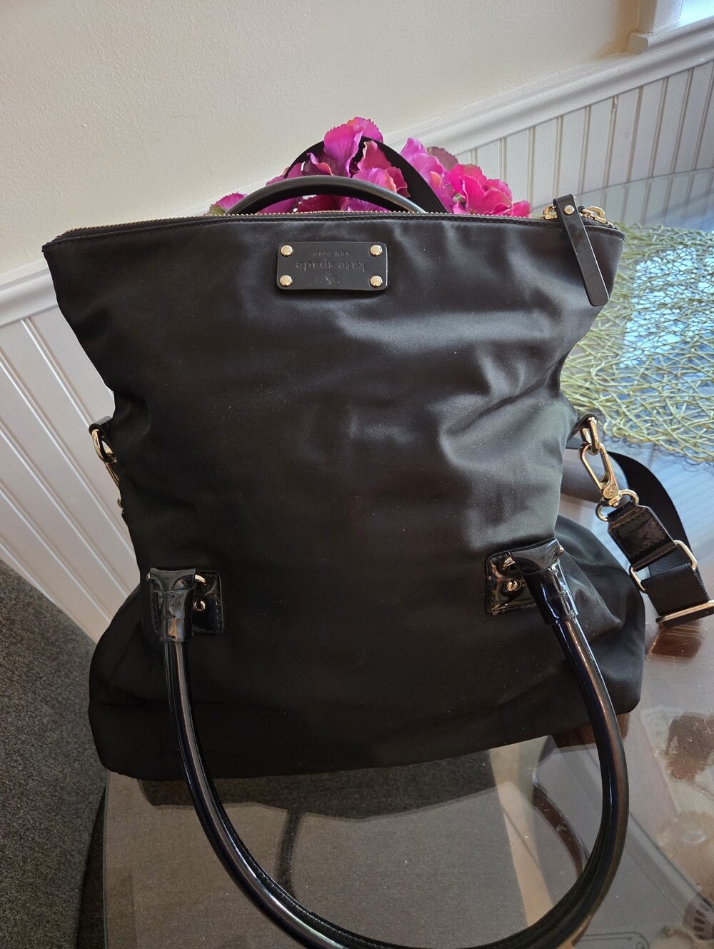 Kate Spade Black Nylon Tote with Patent Handles Excellent